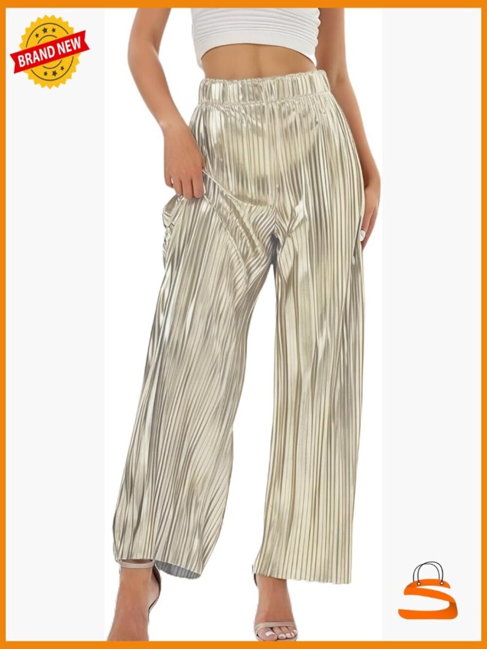 High Waist Elastic Waist Pleated Wide Leg Pants Flowy Party Trousers